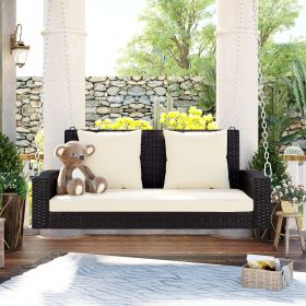 Brown Wicker Hanging Porch Swing Bench with Beige Cushions