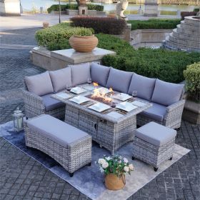 5-Piece Gray Wicker Patio Sofa Set, Fire Pit Table & Ottoman