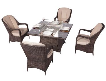 Wicker 4-Seat Rattan Dining Set with Square Gas Firepit Table