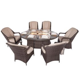 7-Piece Patio Wicker Dining Set with Gas Fire Pit Table