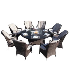 Direct Wicker 9 Piece Patio Set with Round Table Gas Fire Pit